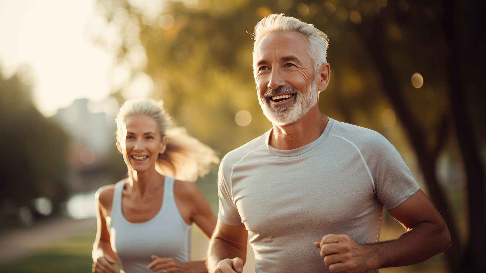 Older couple in athletic clothing jogging together outdoors on a tree-lined path in warm evening light, both smiling