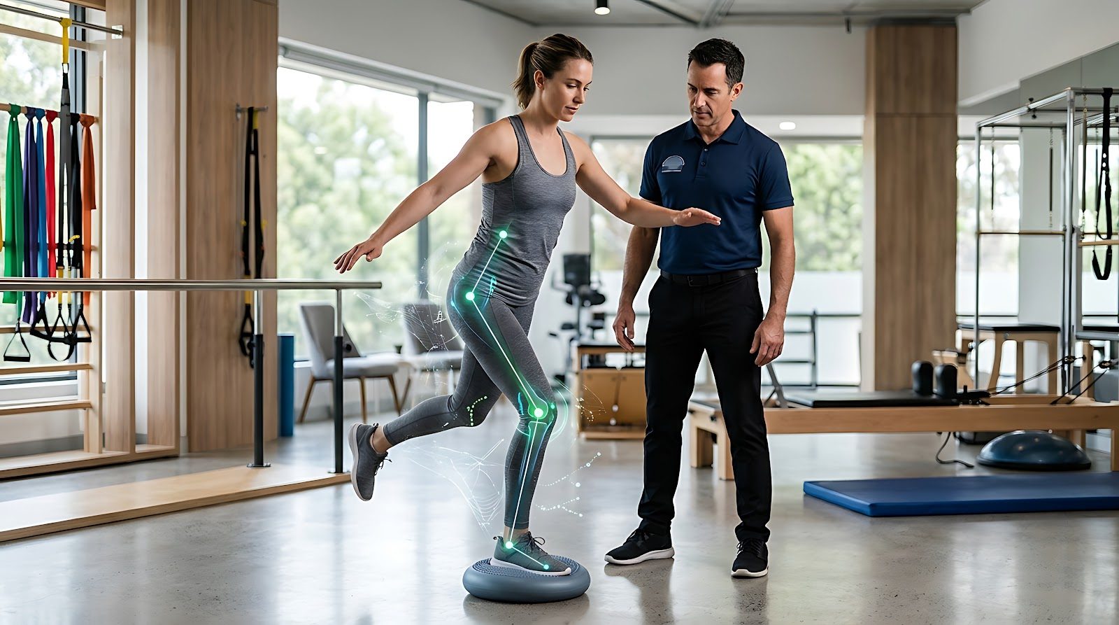 Patient balancing on one leg on a blue wobble cushion in a bright rehabilitation gym, a green digital motion-capture overlay tracing the leg joints, with a therapist in a navy polo shirt supervising alongside