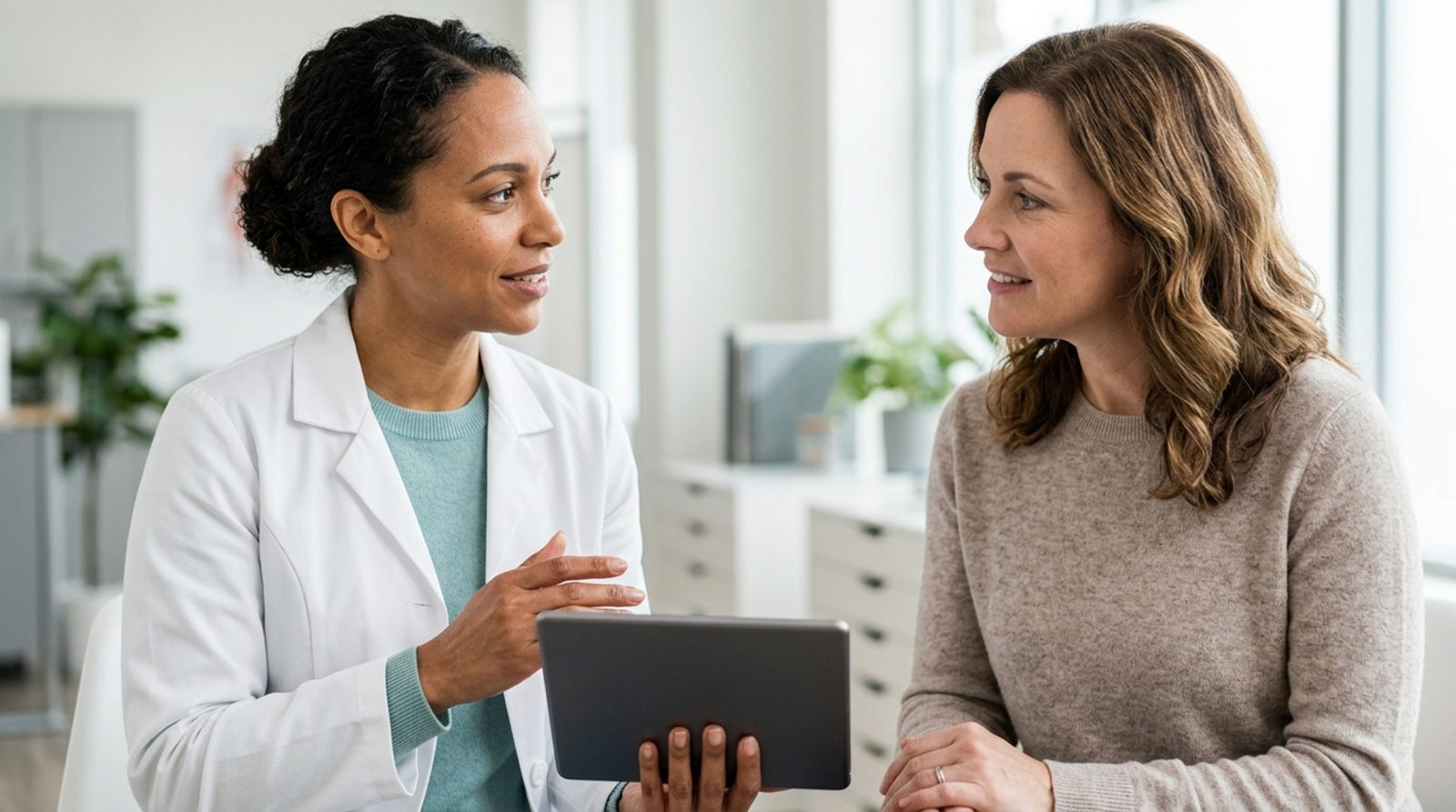 Clinician in a white coat reviewing findings on a tablet with a seated patient in a bright consulting room, both engaged in the conversation — Evidence-Based Practice 201: Patient Evaluation.