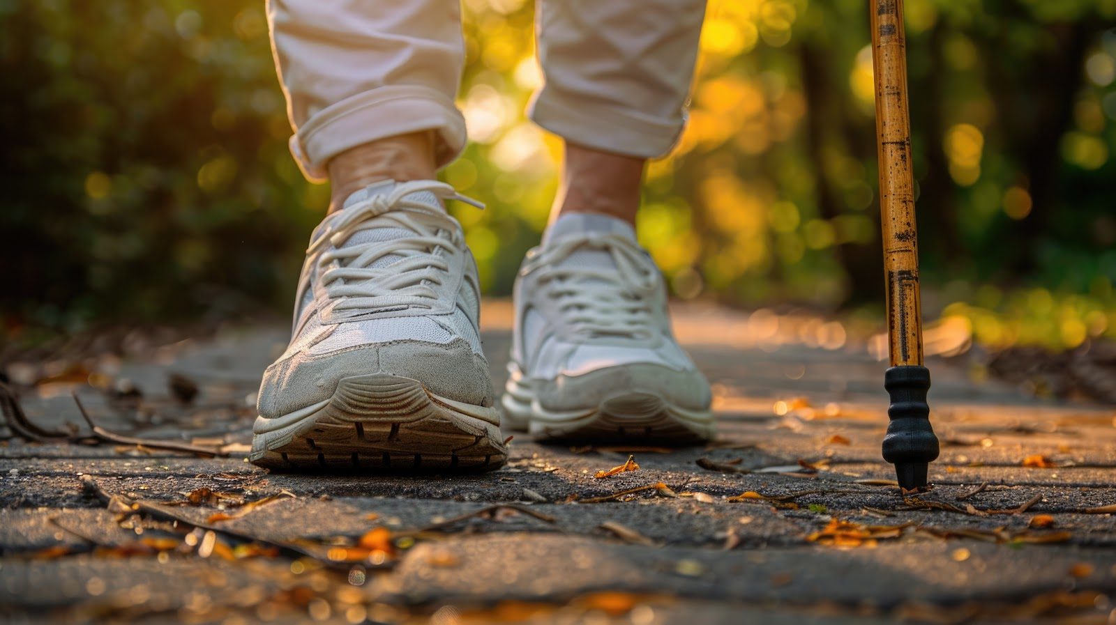 Worn trainers standing on a leaf-covered park path in autumn light