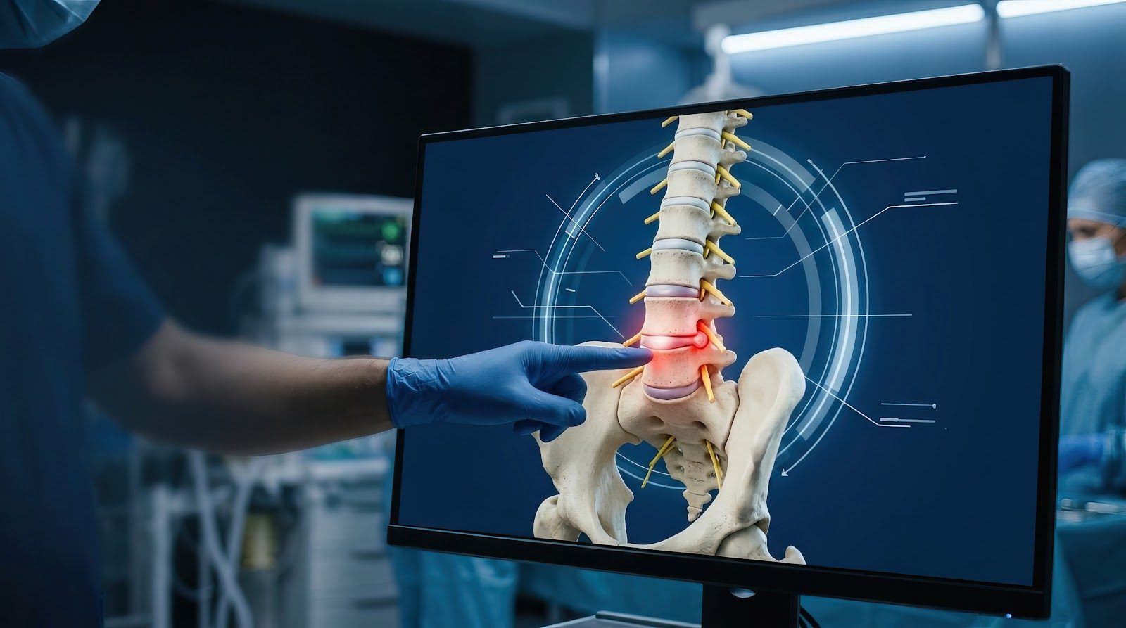 Clinician in medical scrubs touching a digital display showing a three-dimensional lumbar spine model with the lower vertebral segments highlighted in red