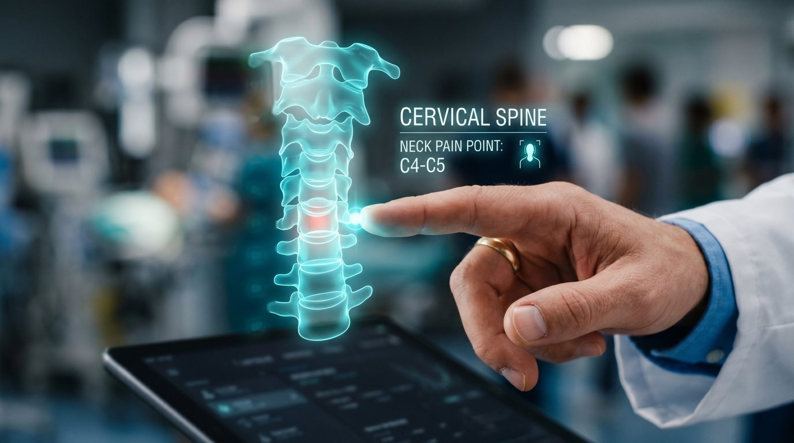 Clinician's finger touching a glowing holographic cervical spine projected above a tablet, the C4–C5 disc highlighted in red beside a heads-up readout of the neck pain point — the cervical spine examination, the subject of Physical Examination 205: Cervical Spine, a two-hour chiropractic CE course from CCEDseminars