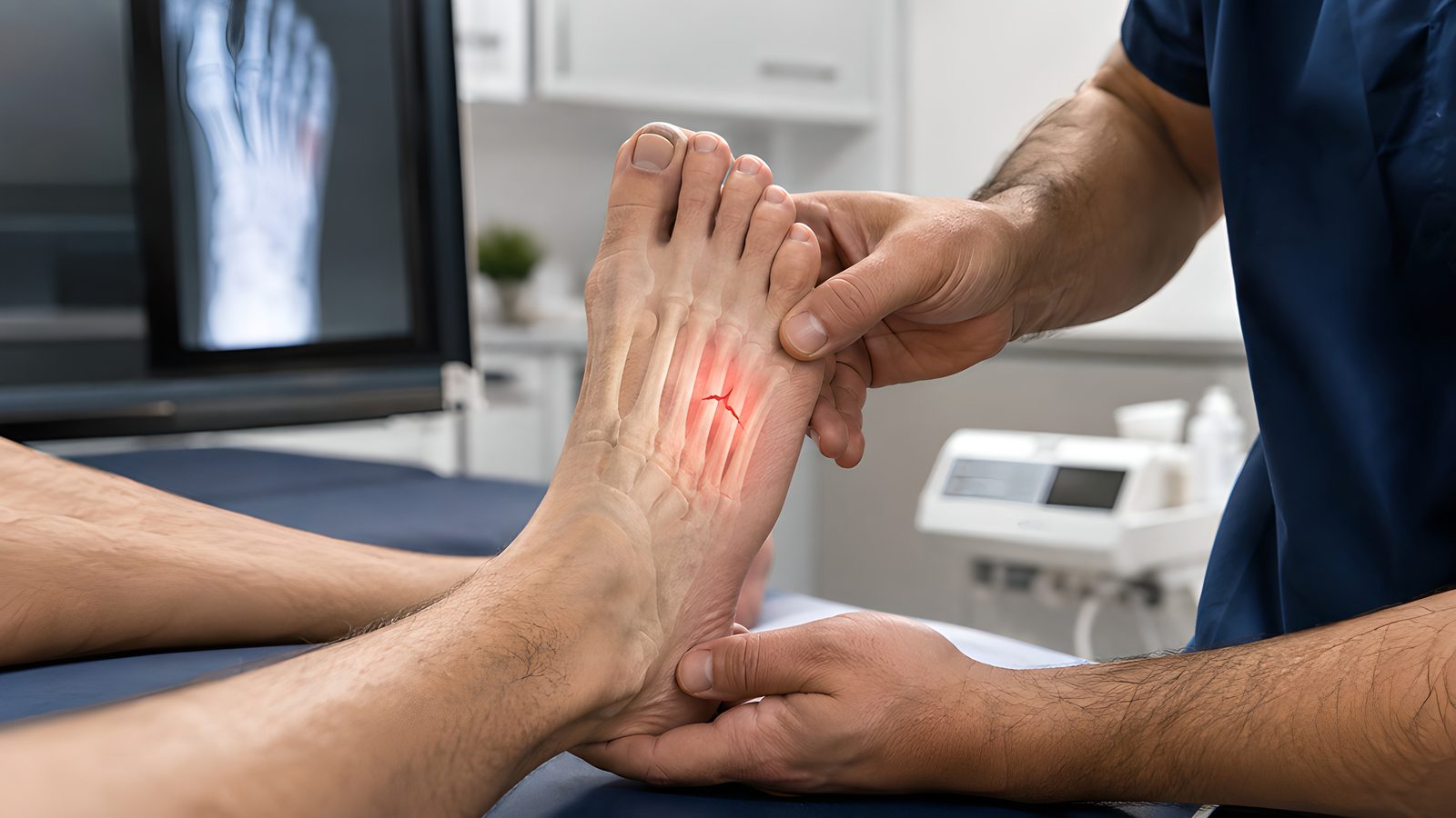 Clinician palpating a patient's foot with a translucent bone overlay revealing a glowing metatarsal stress fracture, foot X-ray displayed in the background — Orthopedics 225: Stress Fracture, a 2-hour chiropractic CE course