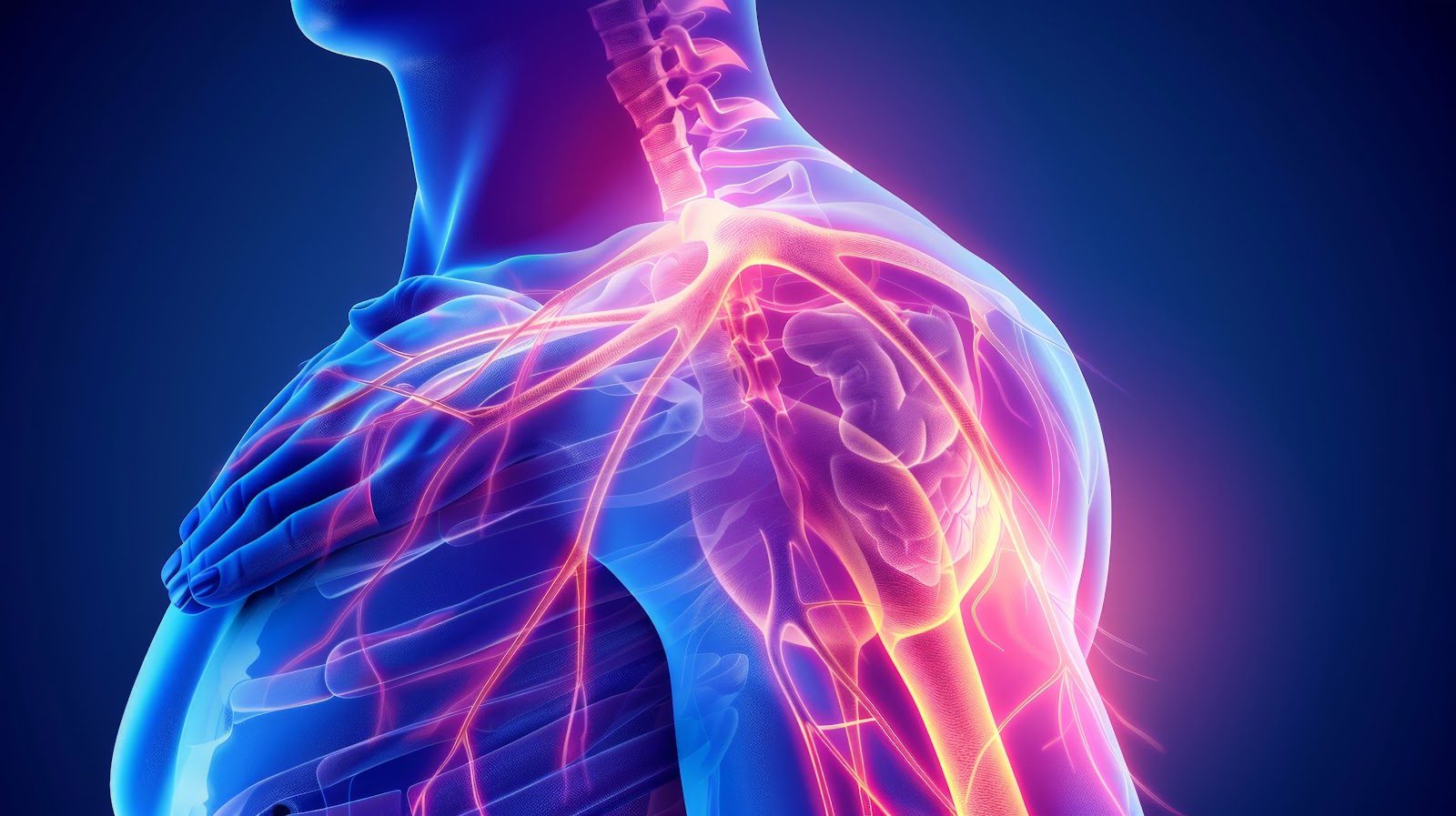 Anatomical illustration of the neck and shoulder showing nerves and blood vessels passing through the thoracic outlet