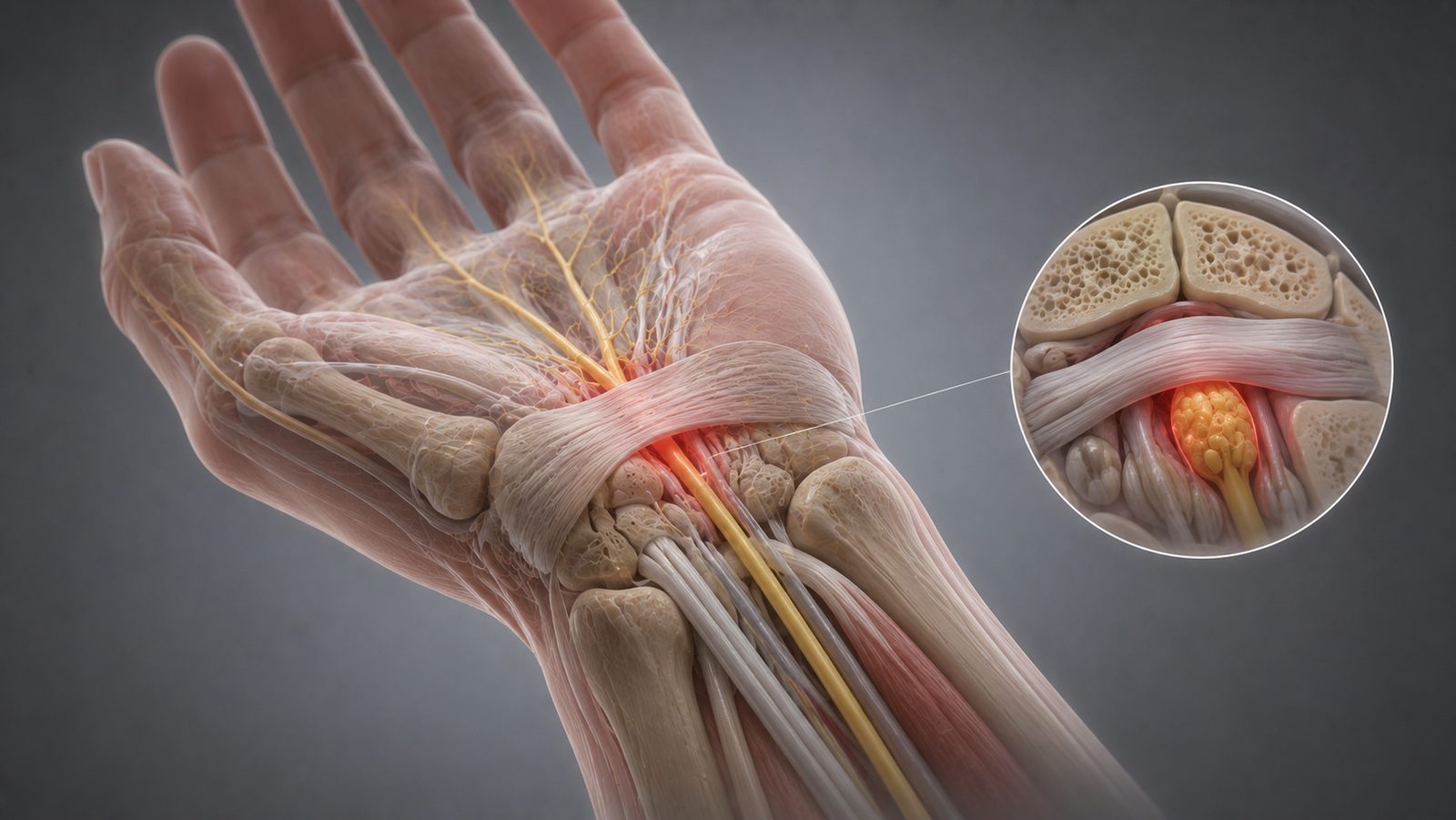 Three-dimensional medical illustration of the palm and wrist showing the median nerve passing beneath the transverse carpal ligament, with an inset cross-section of the carpal tunnel and the compressed, inflamed nerve highlighted &mdash; Case Studies & Clinical Pearls 218: Carpal Tunnel Syndrome Treatment.