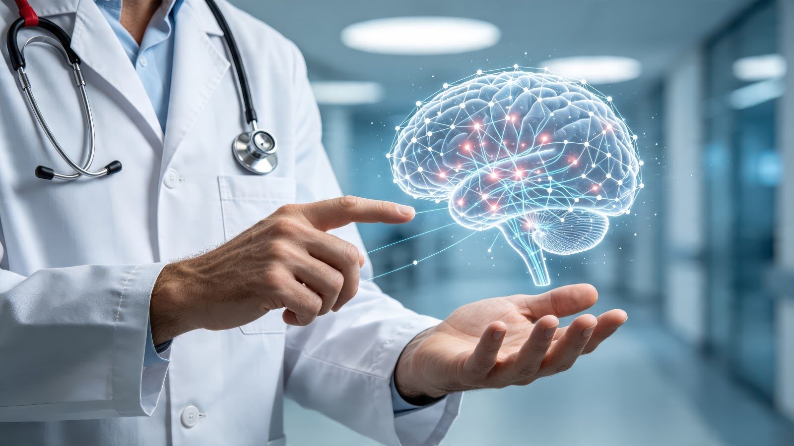 Doctor in a white coat with a stethoscope gesturing toward a glowing holographic illustration of a human brain with points of light across its surface, hospital corridor blurred behind