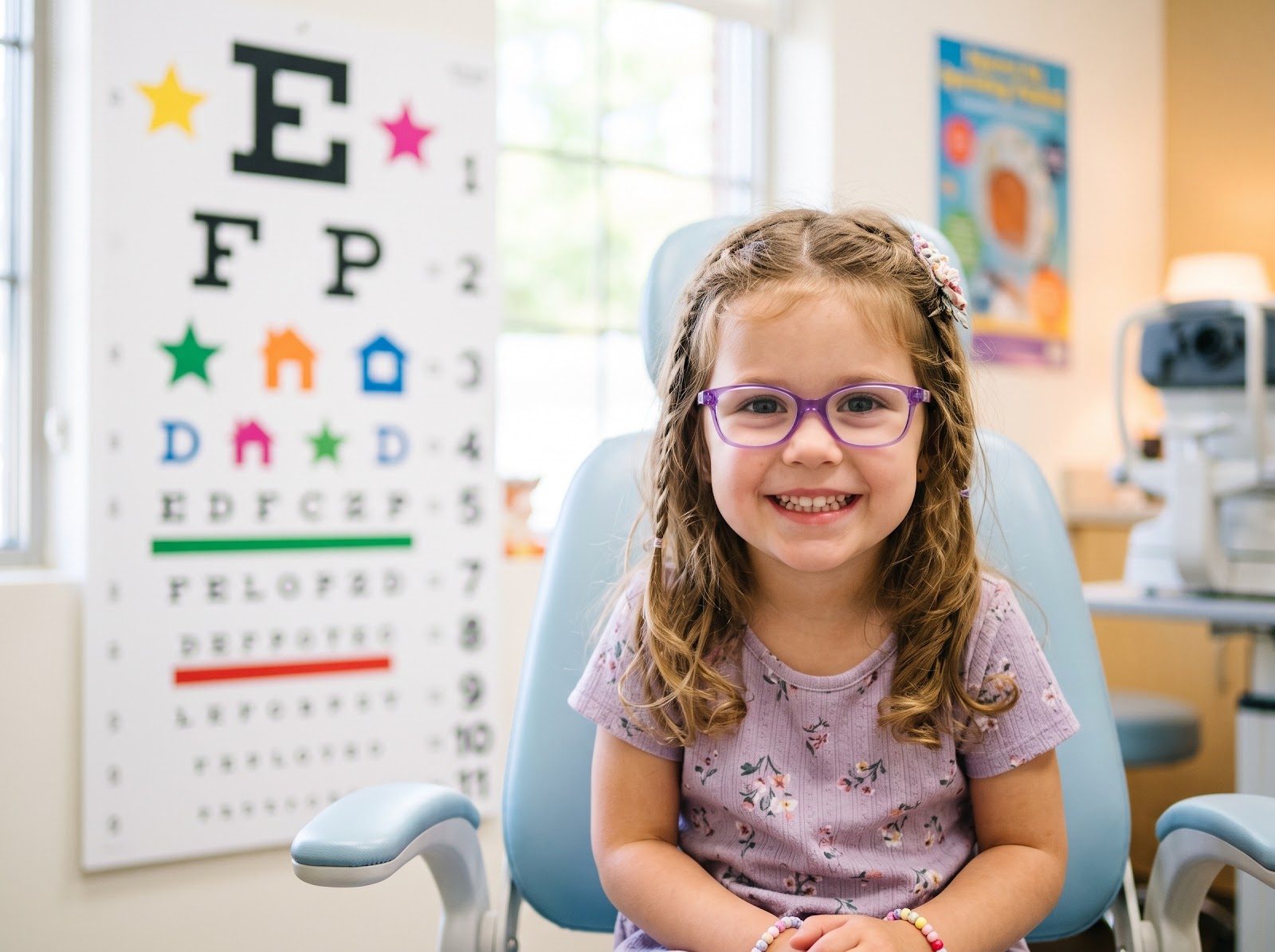 Smiling young girl wearing purple glasses seated in an optometry examination chair, a colourful children’s eye chart on the wall behind her