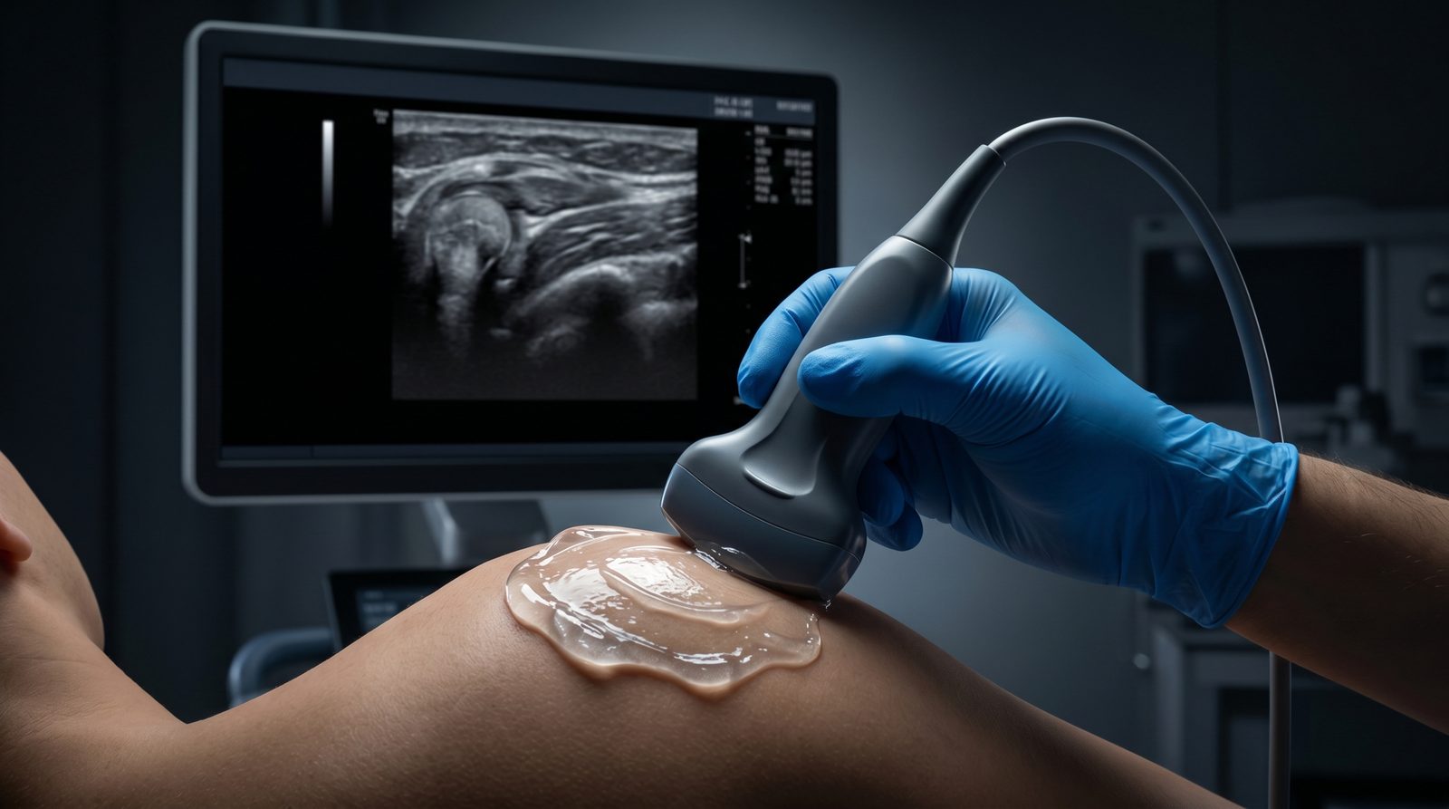 Gloved clinician performing a musculoskeletal ultrasound examination of a patient's shoulder with the joint image on the monitor — Athletic Injuries 206: Athletic Injuries of the Shoulder online chiropractic sports medicine CE course