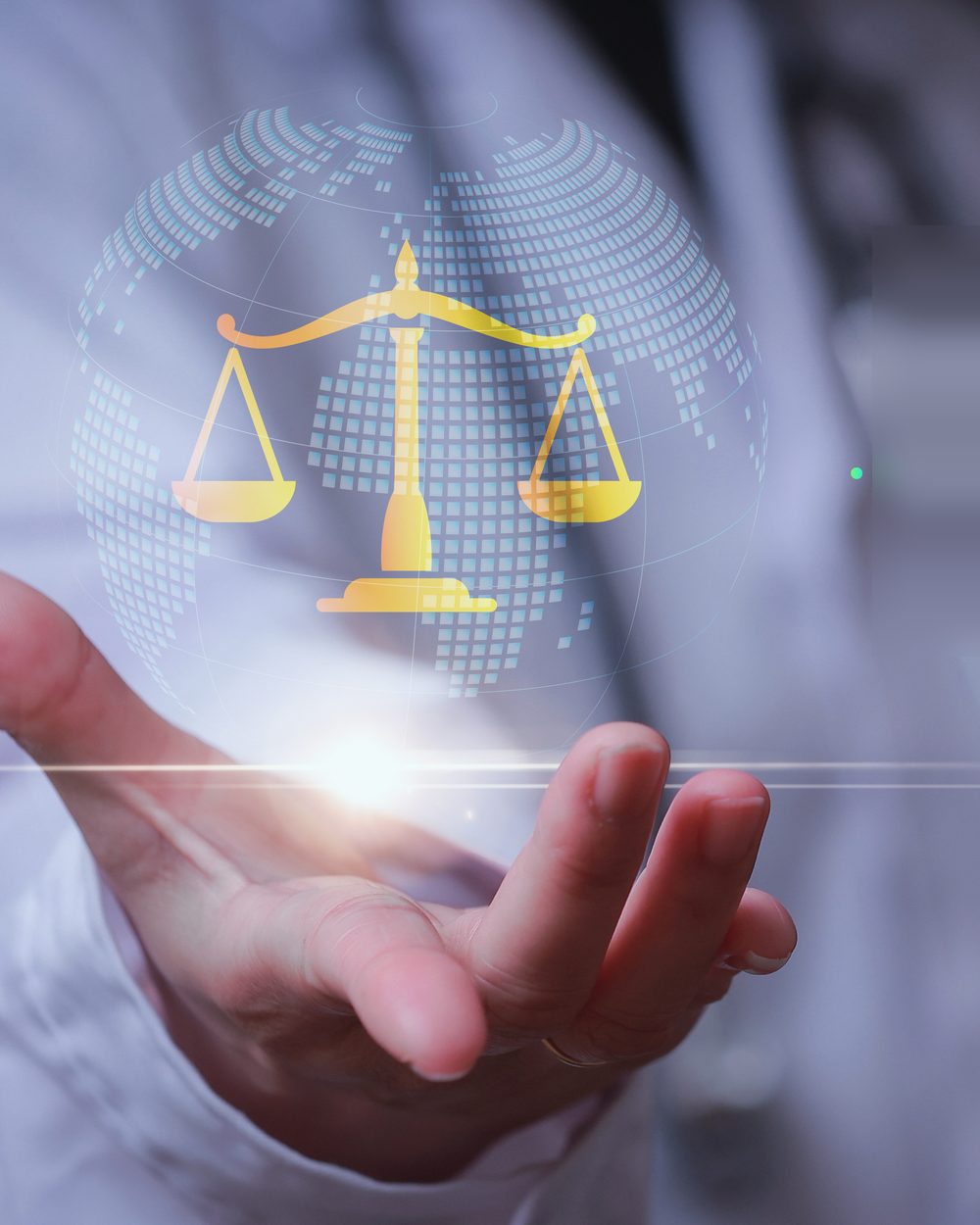 Doctor's open hand holding a scales-of-justice hologram — chiropractic ethics and professional boundaries CE courses; CCEDseminars category page