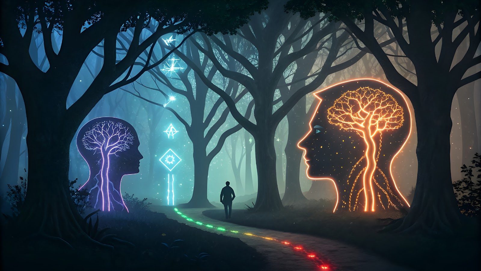 Two glowing head silhouettes with tree-like neural branches, one cool blue and one warm orange, facing each other across a dark forest path with a figure walking between them, symbolizing the parasympathetic and sympathetic nervous systems