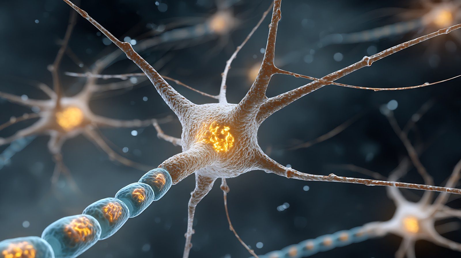 Three-dimensional illustration of a neuron with a glowing cell body and branching dendrites, its axon wrapped in segmented myelin sheath, against a dark blue background with other neurons behind