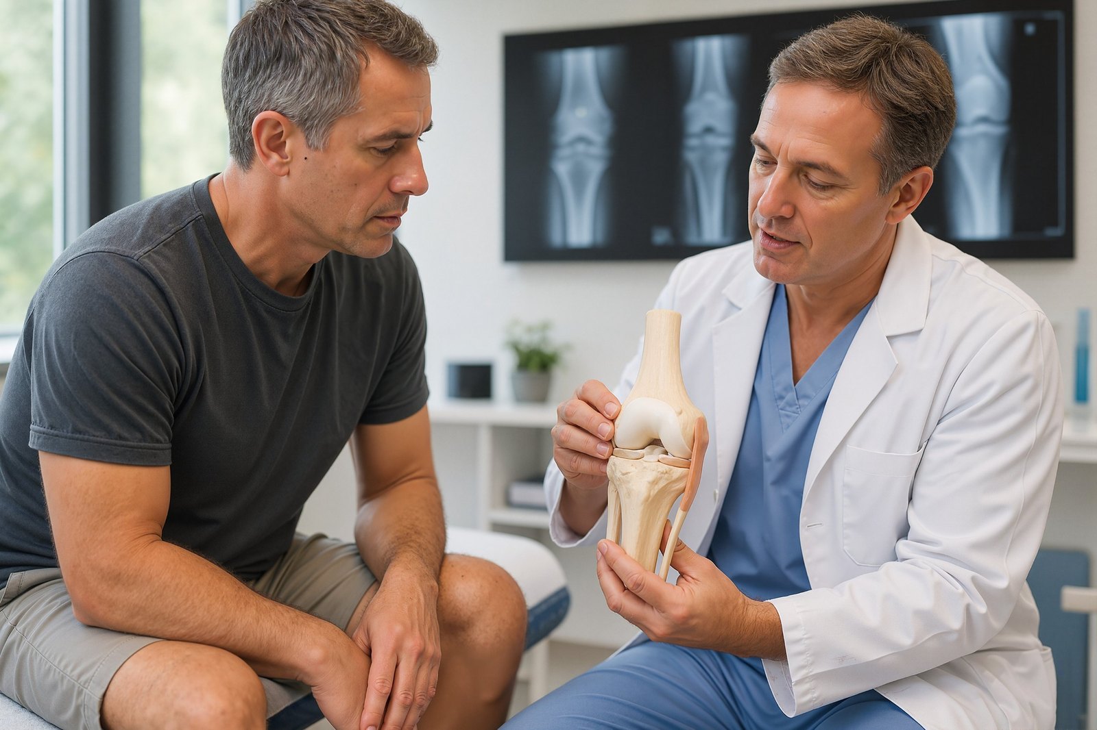 Clinician in a white coat and blue scrubs explaining a knee joint model to a seated patient while joint radiographs glow on a monitor behind them — the case-based examination and report of findings at the heart of Physical Examination 212: Clinical Pearls in Uncommon Cases, a two-hour chiropractic CE course from CCEDseminars