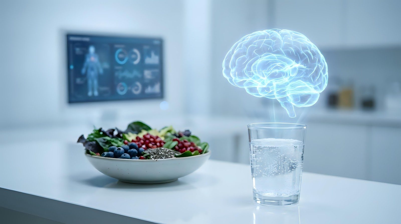 A glowing holographic brain floating above a bowl of berries and greens beside a glass of water, with brain scans on a screen behind — the food-to-brain connection Nutrition 211 teaches chiropractors through the gut-brain axis
