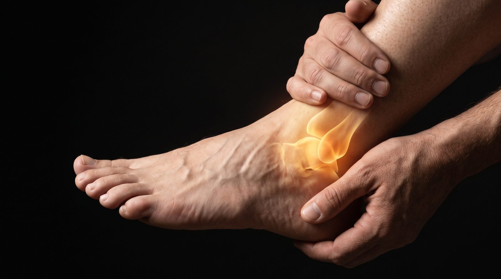Man clutching his painful ankle with a glowing anatomical overlay of the ankle joint against a black background — Orthopedics 215: Orthopedic Conditions of the Foot and Ankle, a 2-hour chiropractic CE course