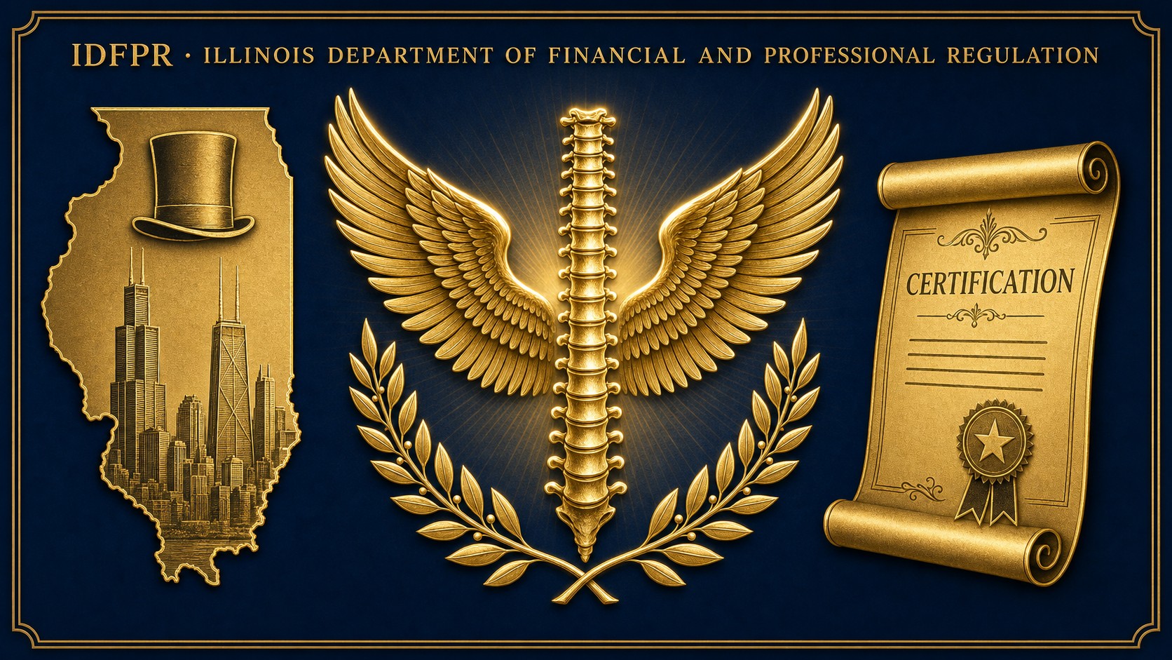 Illinois IDFPR chiropractic continuing education hero graphic showing Illinois state outline with Chicago skyline and Lincoln top-hat motif, golden chiropractic winged spine insignia, and certified chiropractic continuing education scroll on deep navy background