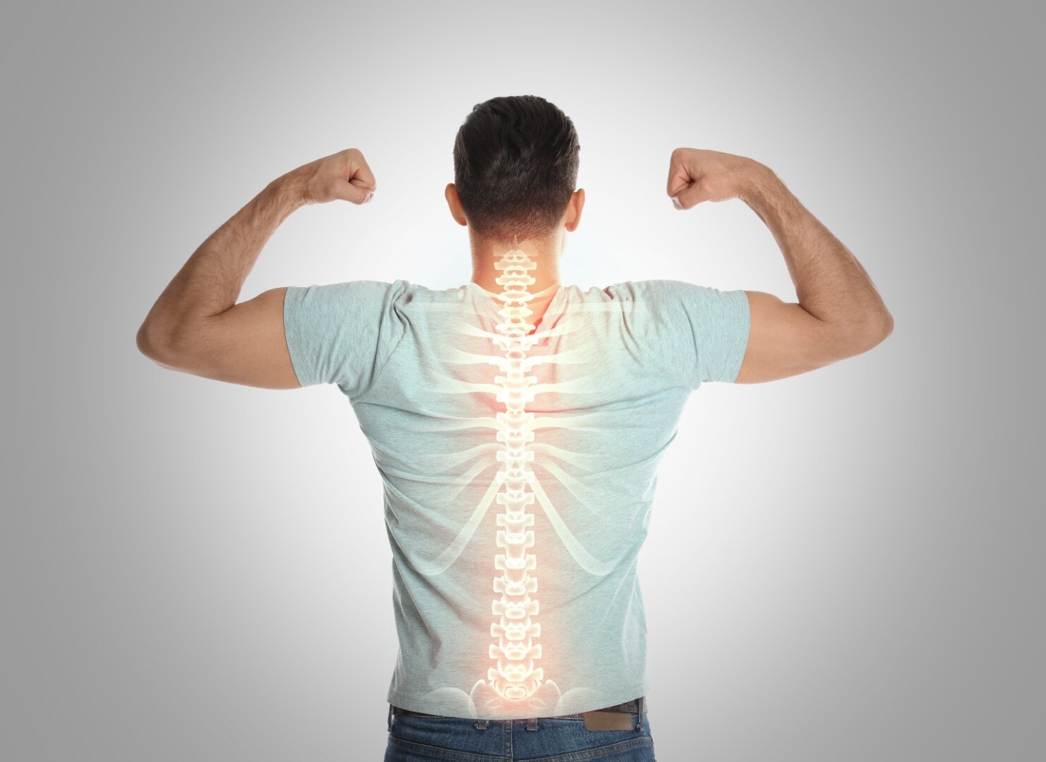 Active adult demonstrating strength with a highlighted spine