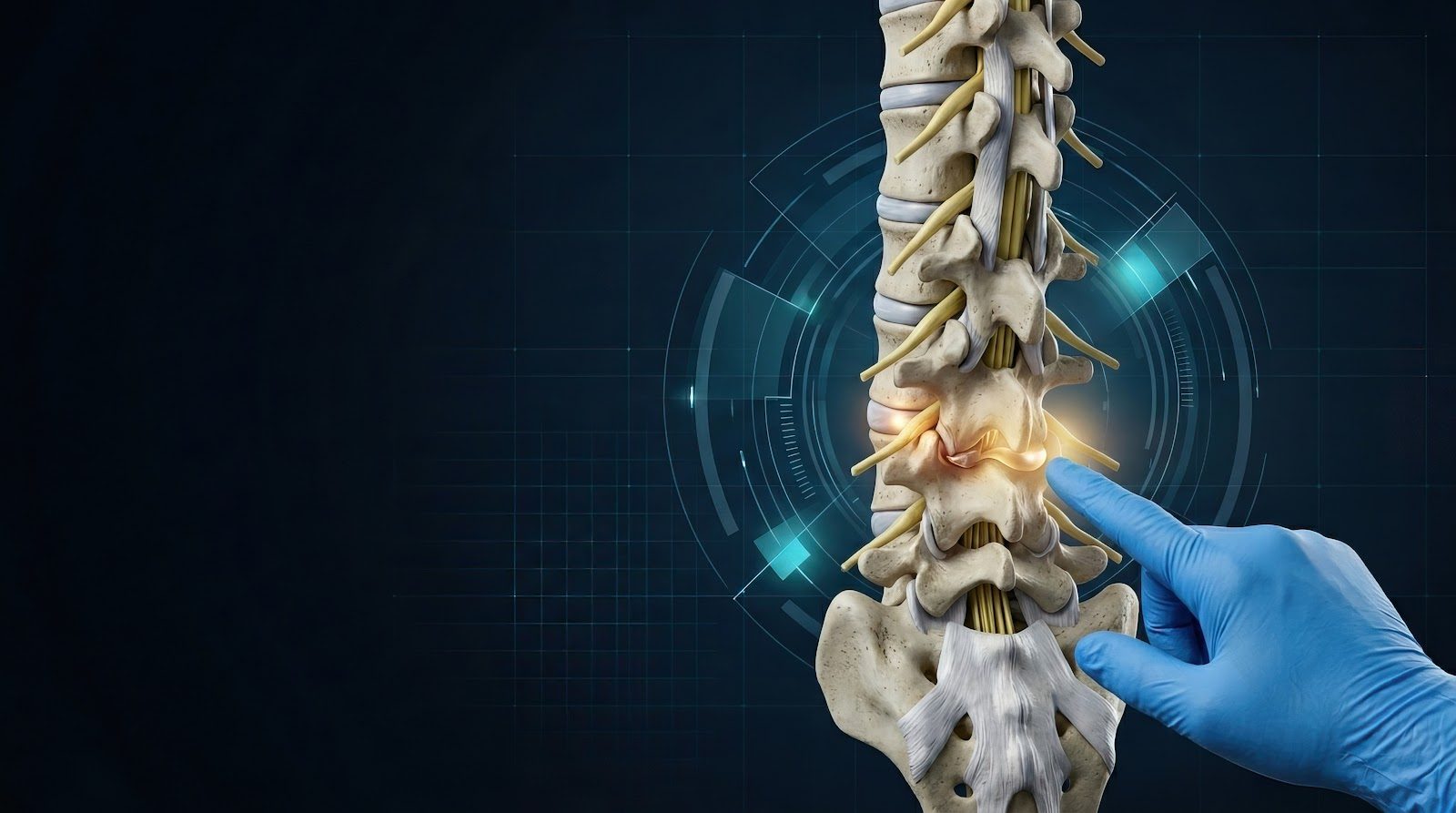 Three-dimensional model of the lower spine and sacrum with yellow nerve roots, a blue-gloved clinician hand indicating a lumbar segment that glows orange, against a dark blue technical background