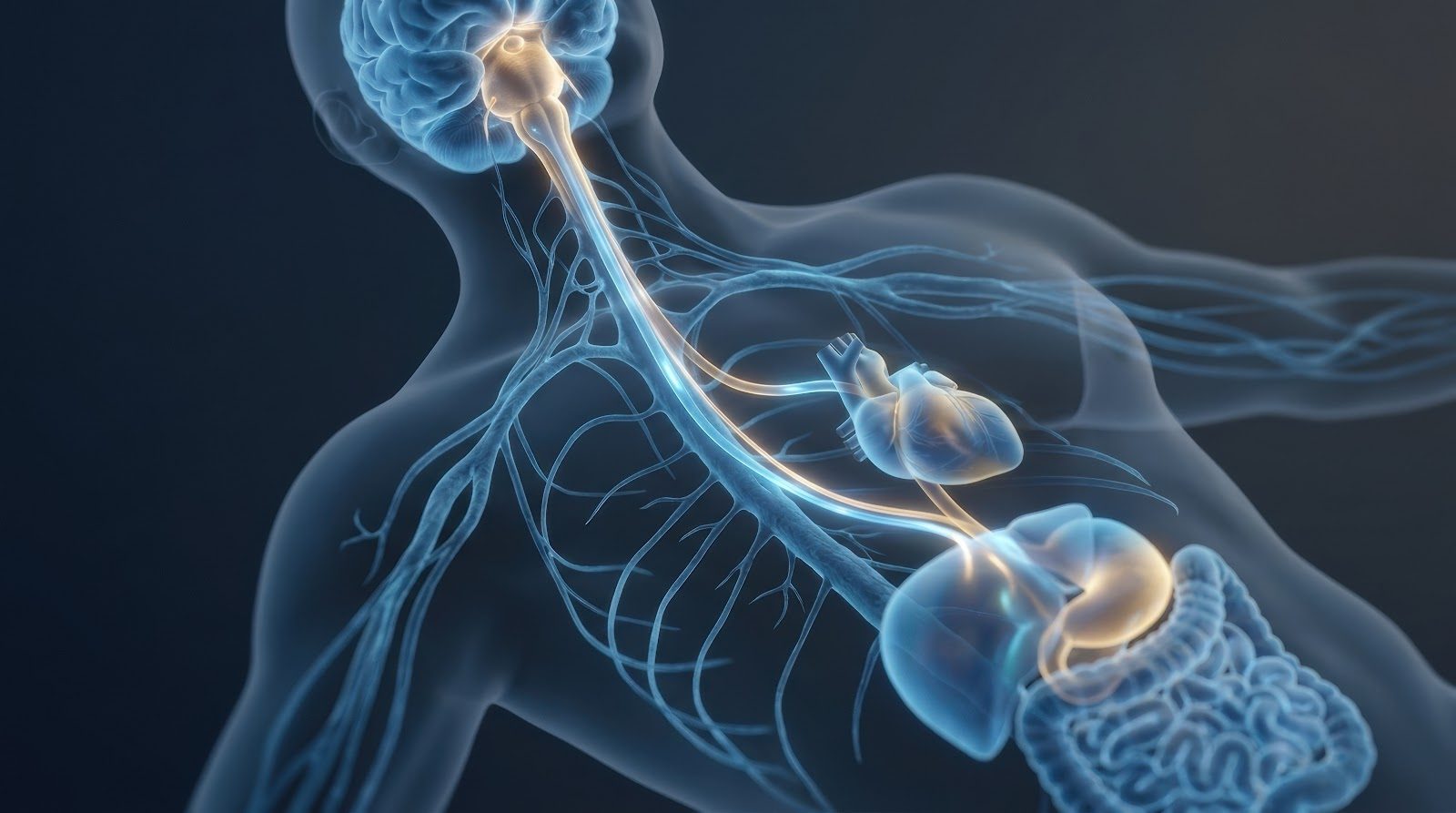 Anatomical rendering of the vagus nerve traced in glowing blue from the brainstem through the neck and into the thorax and abdomen