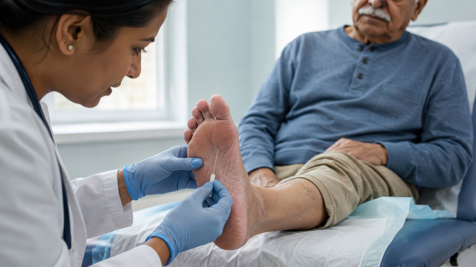 Clinician in blue gloves testing sensation on the sole of an older patient&rsquo;s foot during a sensory examination