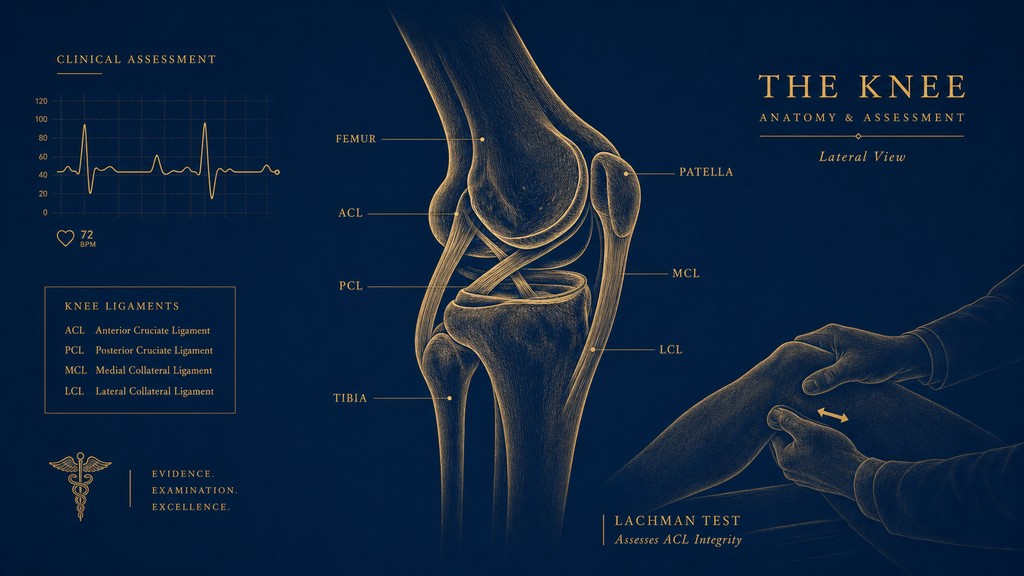 Stylized gold-on-navy anatomical illustration of a lateral knee joint showing femur, tibia, patella, and the ACL, PCL, MCL, and LCL ligaments with a faint clinician hand performing an orthopedic special test — visual summary of the orthopedic tests, functional examination procedures, and diagnostic protocols taught in the CCEDseminars Physical Examination: Knee live webinar with Dr. Donald Ozello, DC, CCN, CCSM