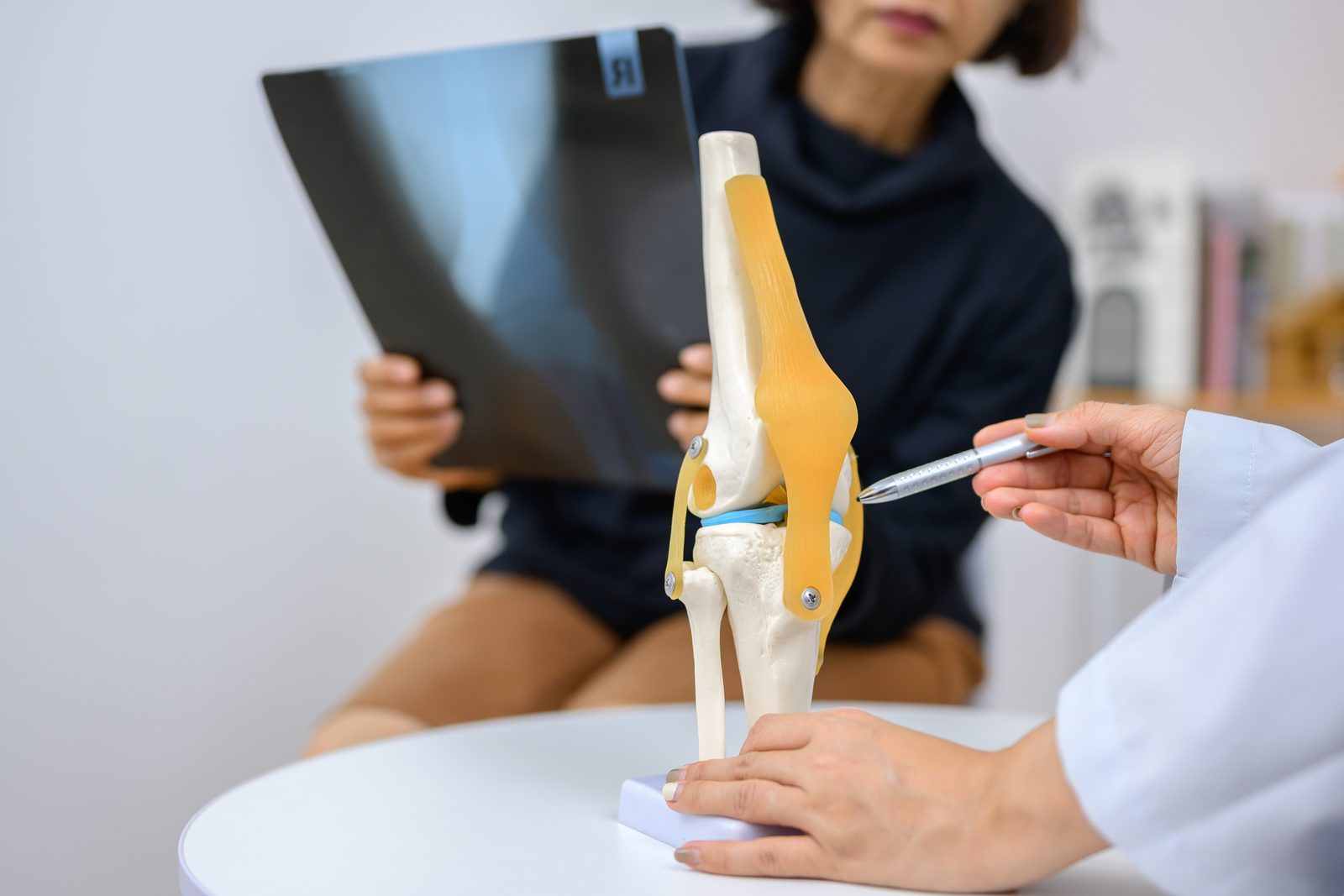 Clinician pointing a pen at the medial aspect of an anatomical knee joint model while a patient reviews an X-ray in the background — Orthopedics 216: Plica Syndrome, a 2-hour chiropractic CE course