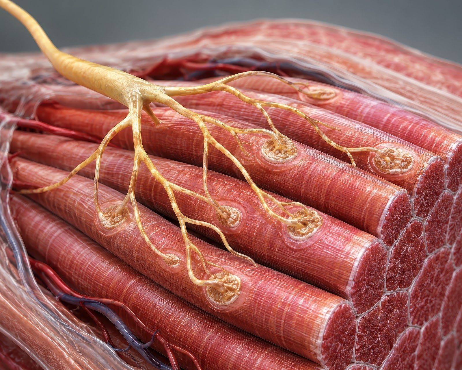 Anatomical illustration of muscle fibres in cross-section with nerve branches threading through the tissue