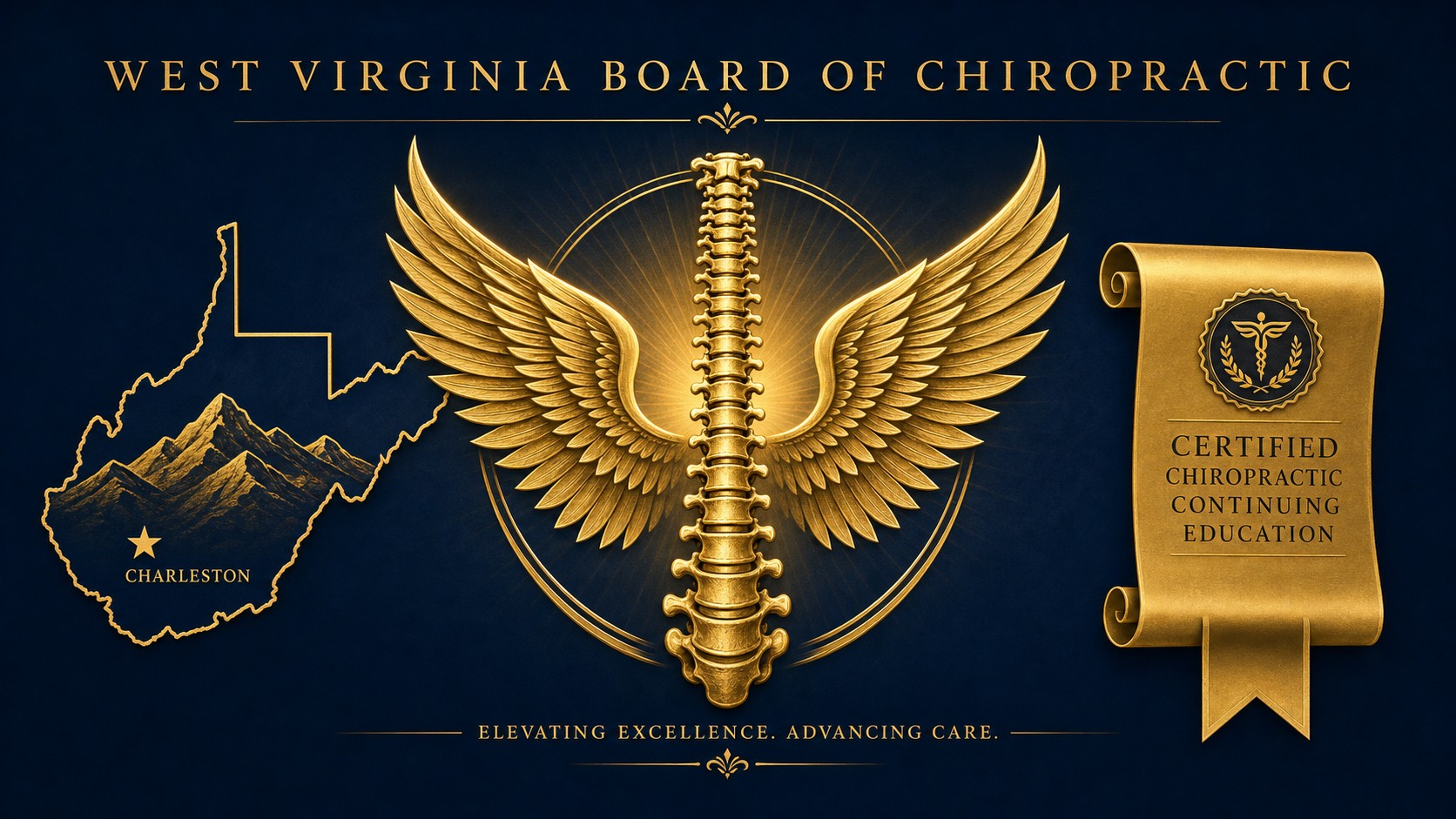 West Virginia Board of Chiropractic continuing education hero graphic showing West Virginia state outline with Mountain State emblem and Charleston star, golden chiropractic winged spine insignia, and certified chiropractic continuing education scroll on deep navy background