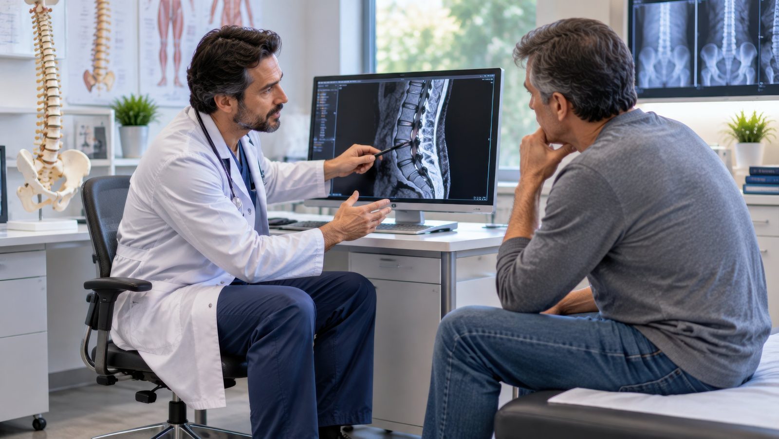 Chiropractor in a white coat pointing with a pen at a sagittal lumbar spine MRI on a desktop monitor while a seated patient leans in to look, with spine and pelvis models on the desk — the lumbar spine examination consult, the subject of Physical Examination 203: Lumbar Spine and Lower Extremity, a two-hour chiropractic CE course from CCEDseminars