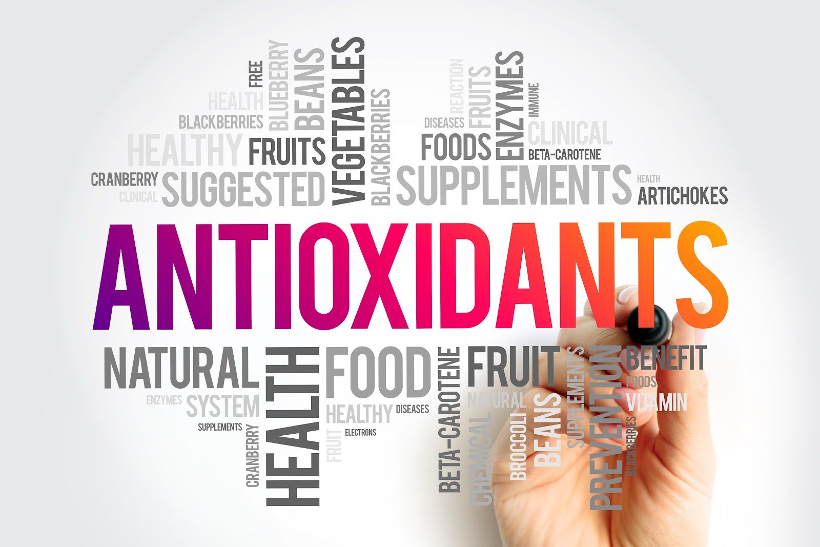 Word cloud built around the word ANTIOXIDANTS with health, food, fruit, vegetables and supplements, and a hand reaching toward it — the antioxidant science Nutrition 215 grounds in free-radical pathology for chiropractors