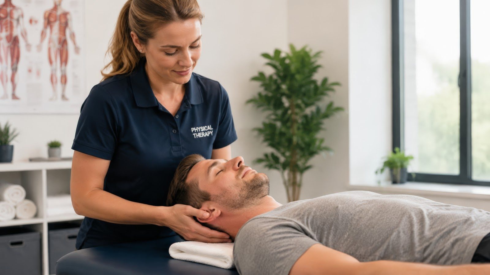 Therapist in a navy polo shirt performing a supine cervical spine procedure on a male patient lying on an examination table, hands supporting the head and neck