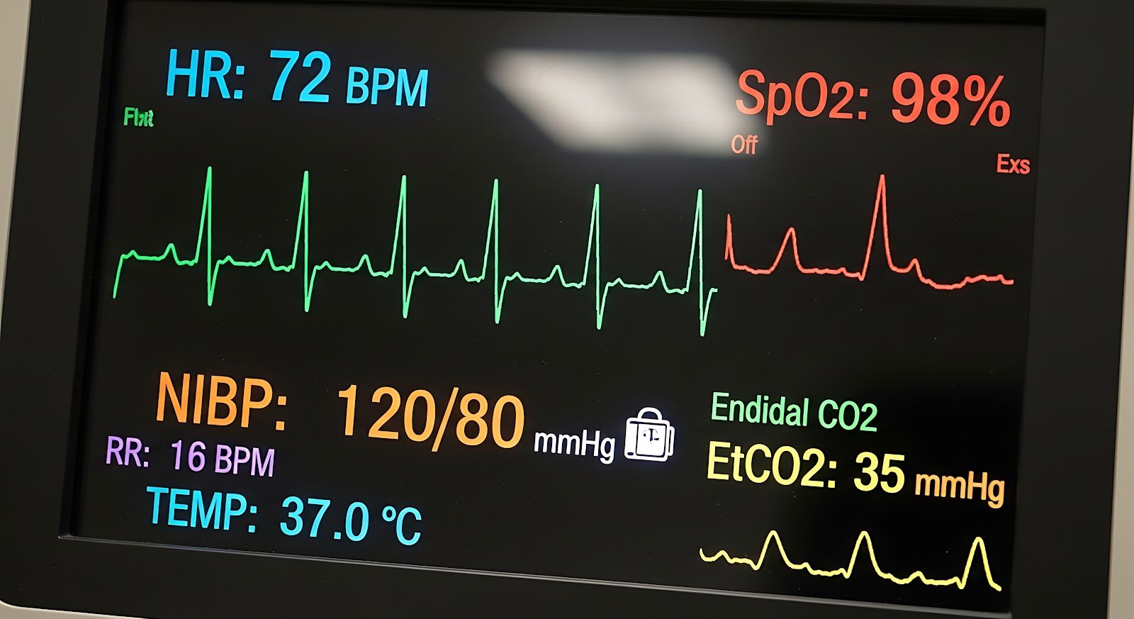 Close-up of a clinical patient monitor screen displaying HR 72 BPM, SpO₂ 98, NIBP 120/80 mmHg, RR 16 BPM, TEMP 37.0&deg;C and EtCO₂ 35 alongside green ECG and yellow capnography waveforms