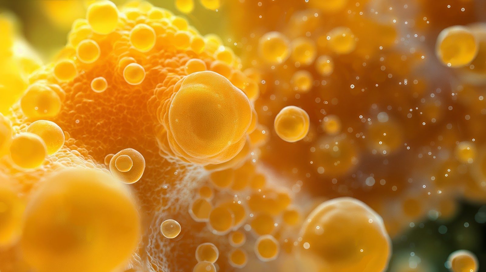 Microscopic view of adipose tissue — clusters of translucent yellow-orange fat cells and lipid droplets — the dietary fat and cholesterol biochemistry Nutrition 210 deconstructs for chiropractors