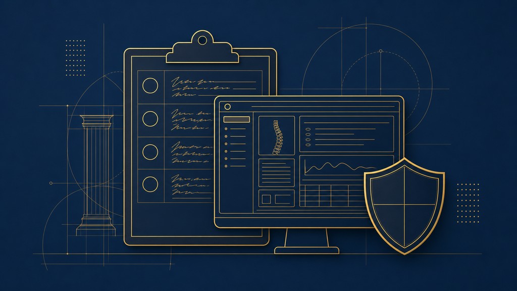 Stylized gold-on-navy illustration of a SOAP-note clipboard layered behind an EHR screen and a protective shield audit motif — visual summary of the audit-ready documentation, EHR workflow optimization, defensible coding, and risk-management protocols taught in the CCEDseminars Chiropractic Documentation & Risk Management live webinar with Dr. Michael Hall, DC, FIACN