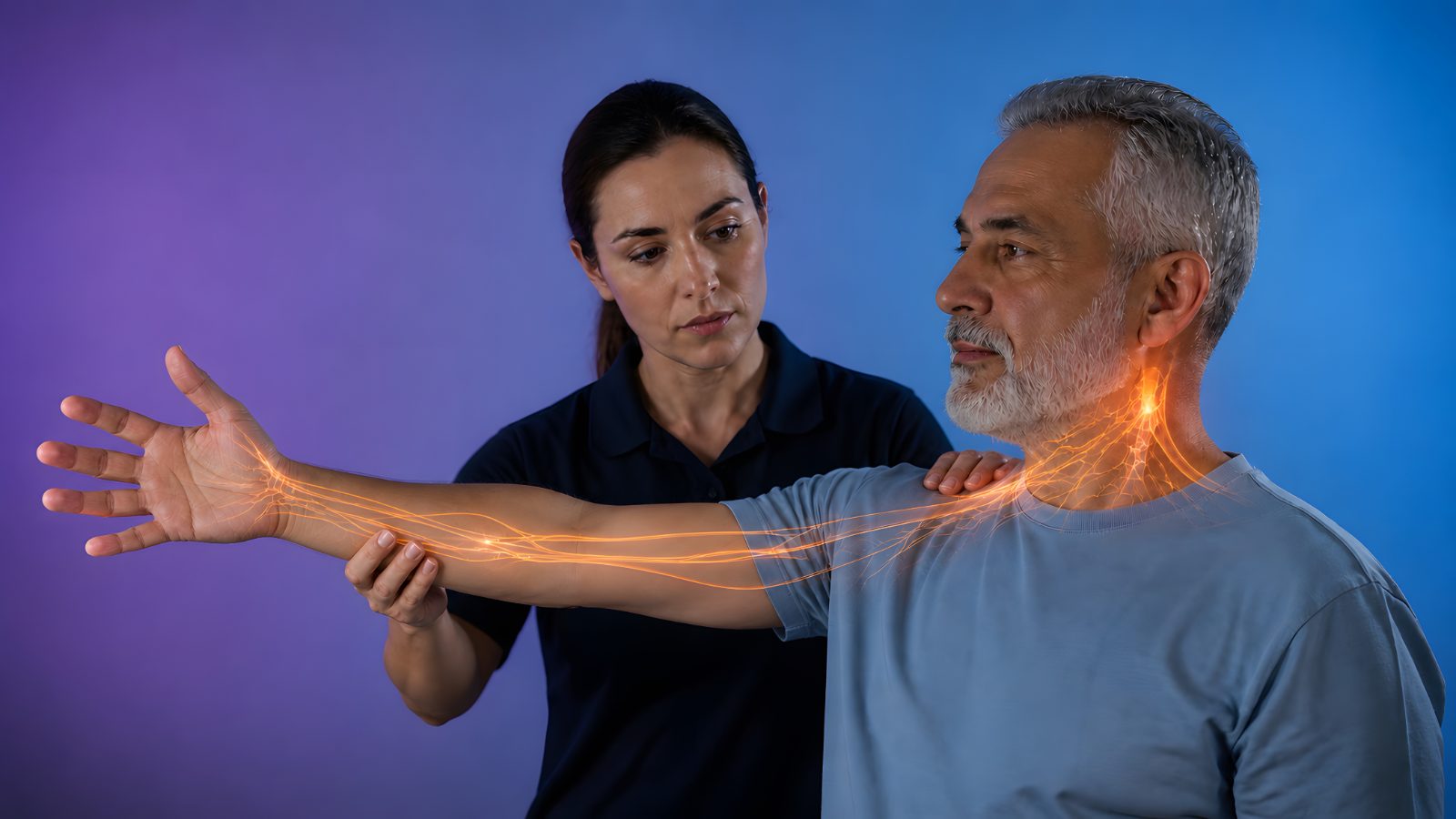 Clinician supporting a patient's outstretched arm during an upper-limb neurodynamic tension test, with a glowing overlay tracing the nerve pathway from the neck through the forearm to the hand — Case Studies & Clinical Pearls 209-B: The Upper Extremities II Part II, online chiropractic CE course