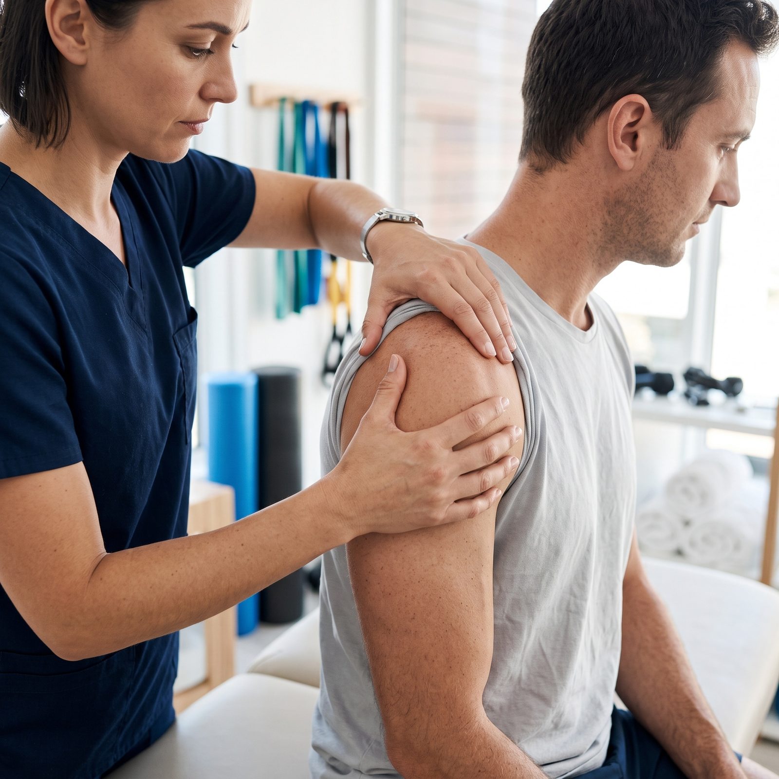 Chiropractor performing a seated shoulder examination on a male patient, one hand cupping the deltoid and the other stabilising the scapula, in a rehabilitation clinic — Case Studies & Clinical Pearls 214: From Anatomy to Diagnoses, the shoulder.