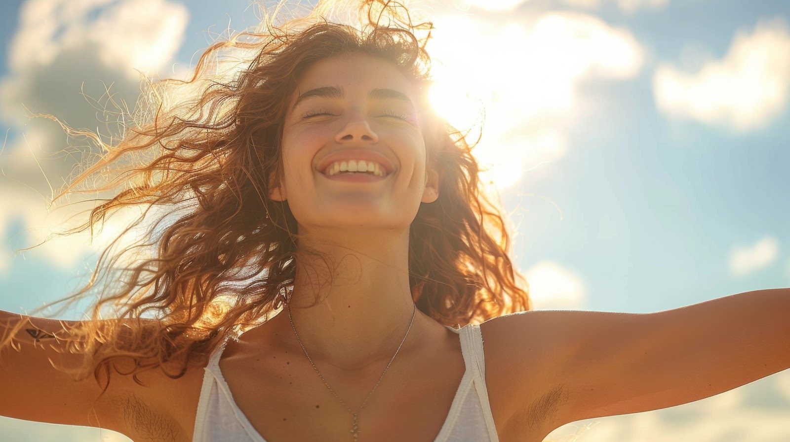 Smiling young woman with curly hair outdoors in warm sunlight, eyes closed and head tilted back