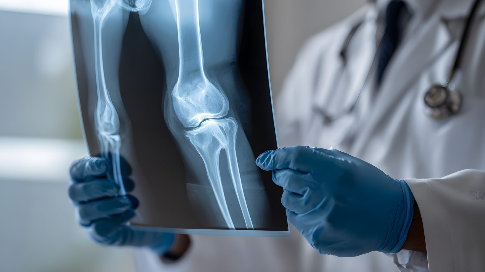 Gloved hands holding a knee radiograph up to the light in a clinic, white coat and stethoscope behind — Case Studies & Clinical Pearls 206: Lower Extremity Conditions & Clinical Pearls online chiropractic CE course