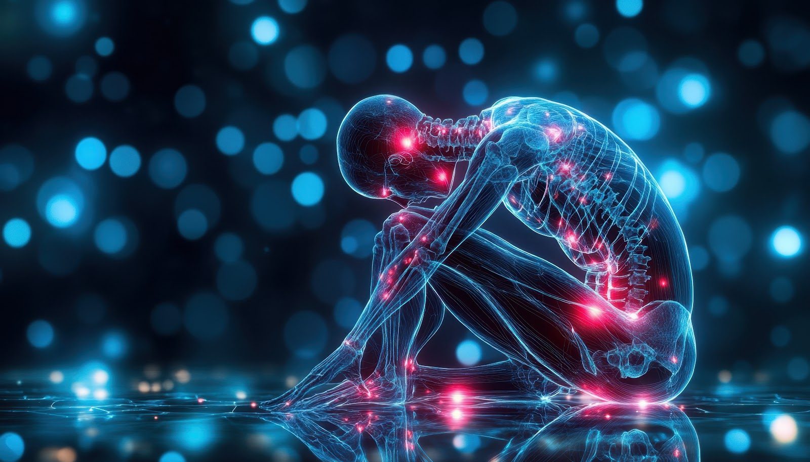 A translucent human figure hunched forward with red points of pain glowing along the spine and nerves against a field of blue bokeh light — the neuropathic pain that Nutrition 250 teaches chiropractors to manage with vitamin B1, alpha-lipoic acid and vitamin D