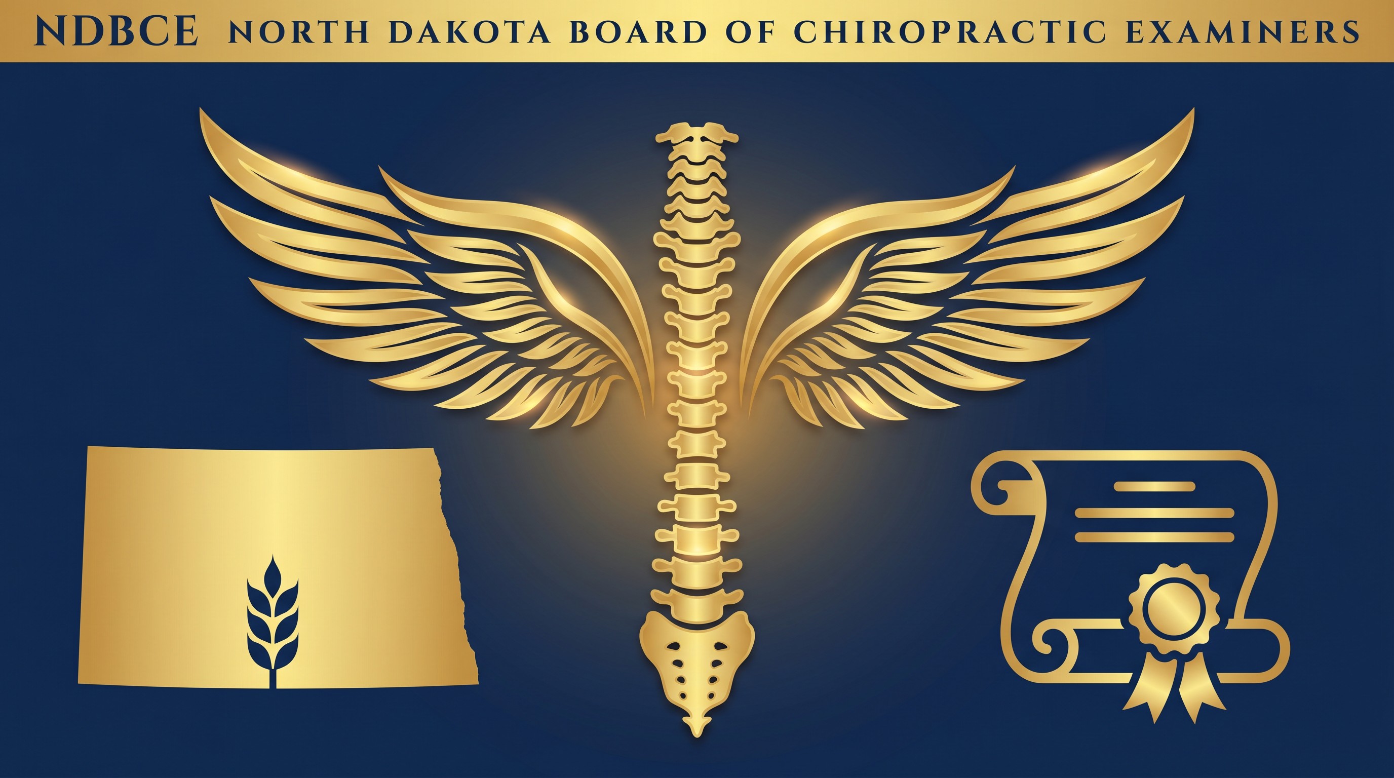 North Dakota Board of Chiropractic Examiners chiropractic continuing education hero graphic, navy and gold with winged spine insignia and North Dakota state silhouette with wheat sheaf, CCEDseminars PACE Provider 34015544