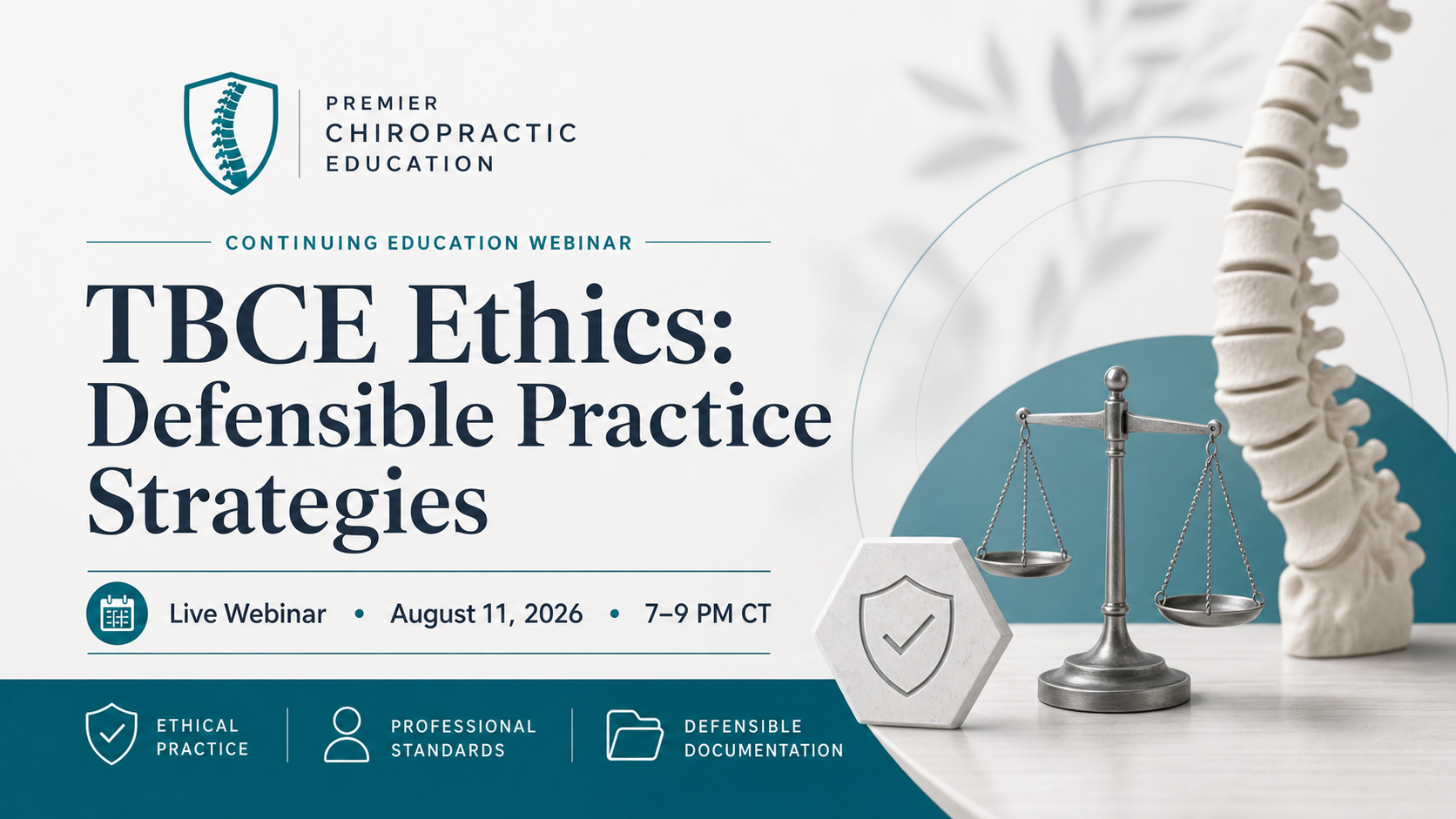 TBCE Ethics: Required Credit Hours — chiropractic ethics CE live webinar overview graphic, August 18, 2026