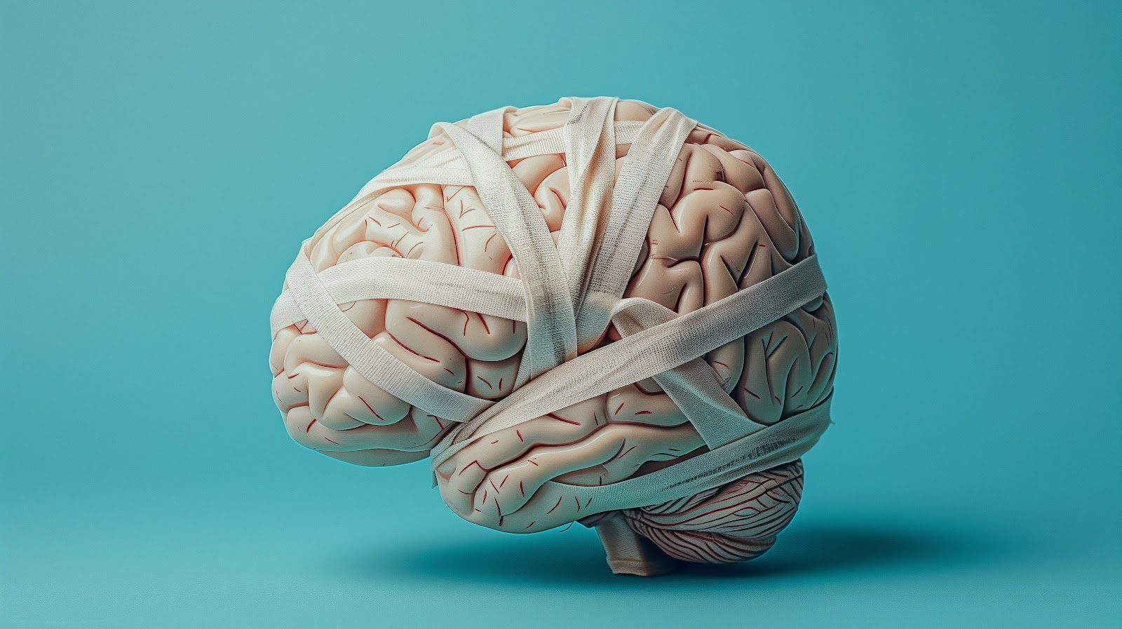 Profile view of a human brain wrapped in white bandages against a blue background
