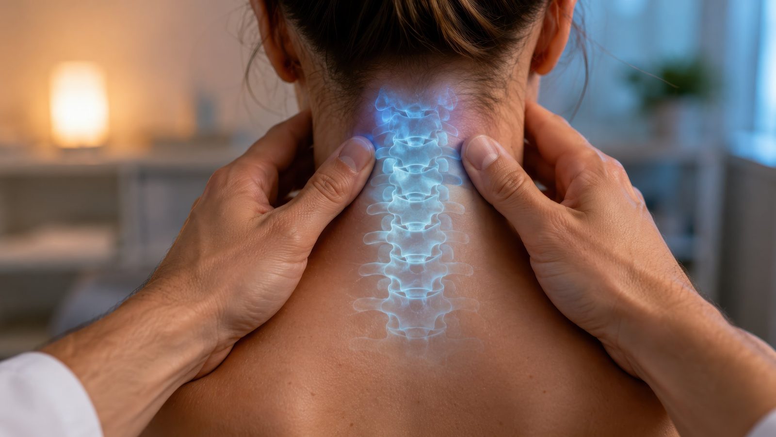 Clinician's hands palpating the back of a patient's neck with a glowing illustration of the cervical vertebrae overlaid on the skin — the cervical spine examination, the subject of Physical Examination 202: Neck and Upper Extremities, a two-hour chiropractic CE course from CCEDseminars