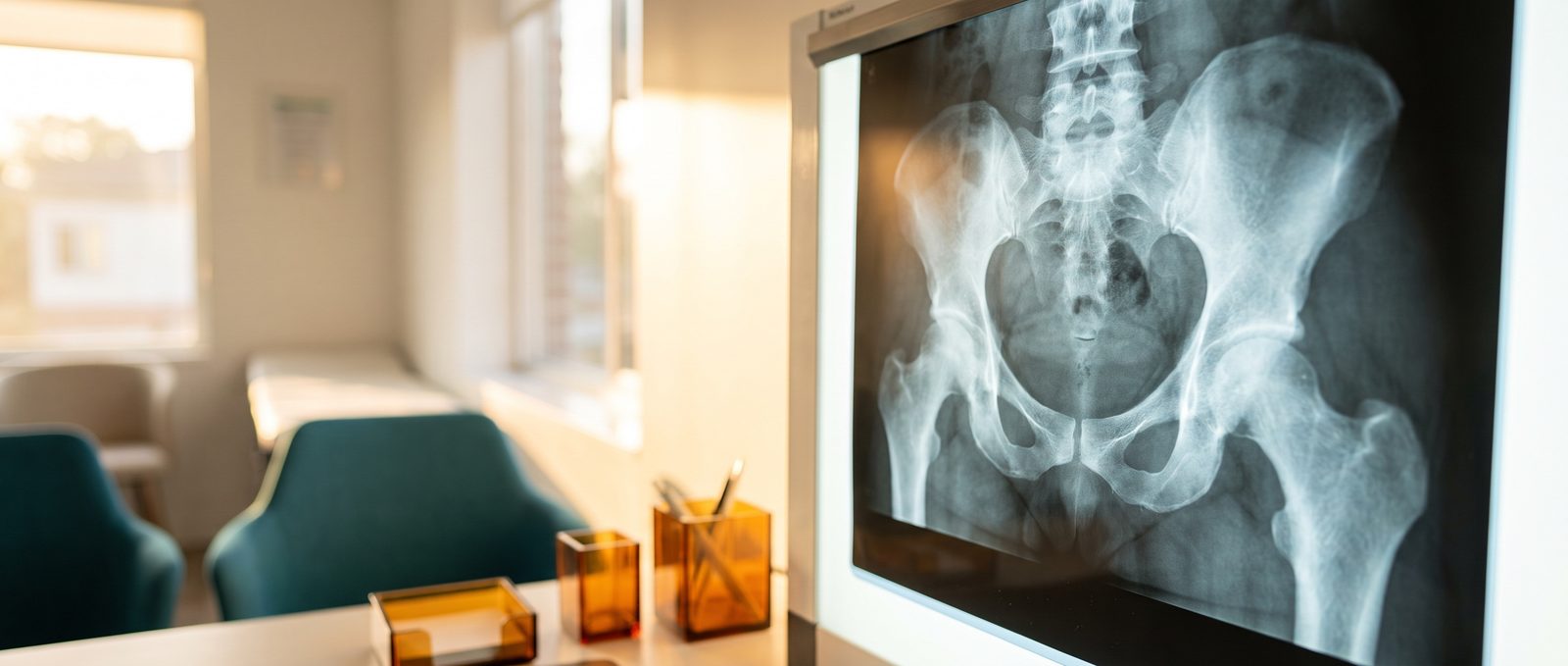 Anteroposterior X-ray of the pelvis and both hip joints displayed on a lightbox in a sunlit clinical exam room — Orthopedics 219: The Hip, a 2-hour chiropractic CE course