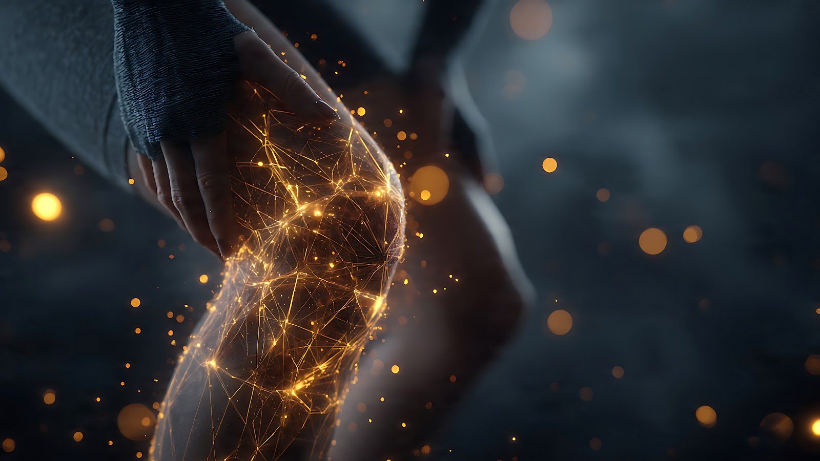 Close-up of a human knee joint rendered with glowing golden plexus lines and particles against a dark background