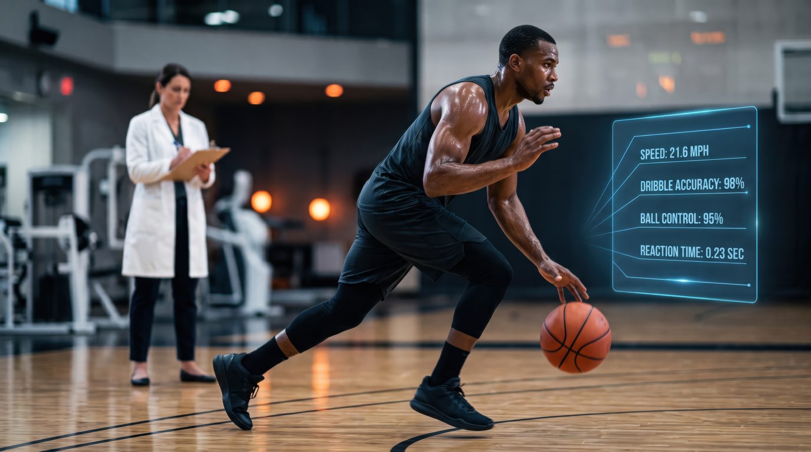 Basketball player driving with the ball on an indoor court while a clinician records performance metrics on a clipboard — Athletic Injuries 202: Basketball Injuries online chiropractic sports medicine CE course
