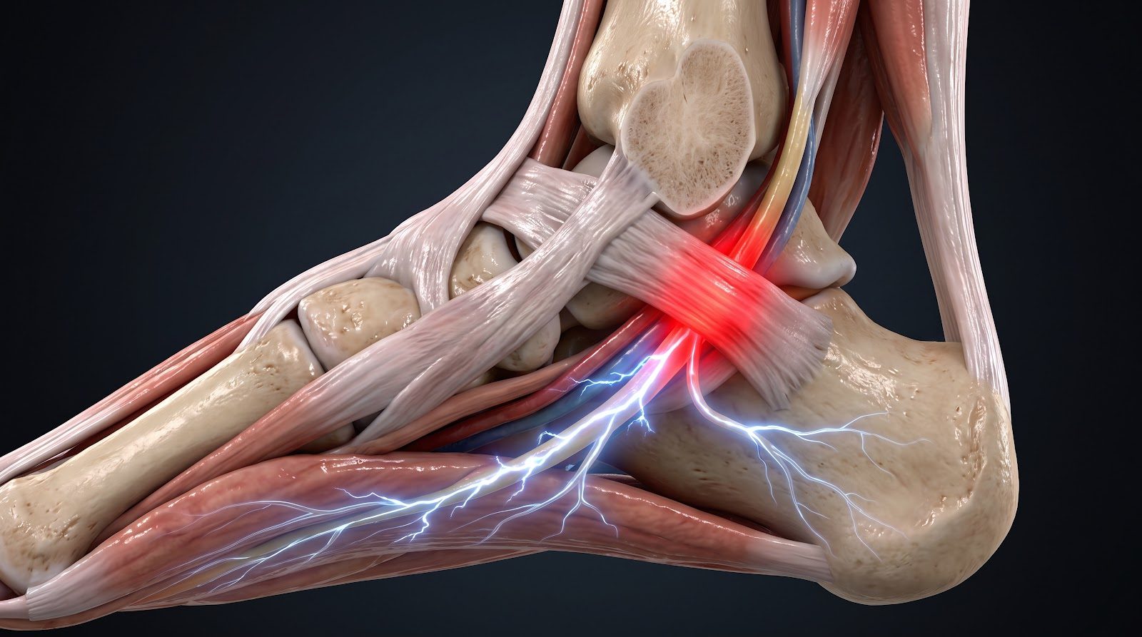 Anatomical illustration of the foot and ankle with an inflamed nerve glowing red at the tarsal tunnel and blue electrical branches along the sole — Orthopedics 203, nerve entrapments of the pelvis and lower extremities