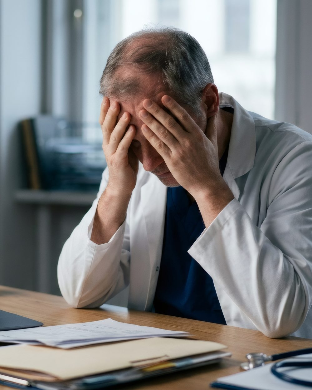 Physician at a desk with head in hands over case files — chiropractic medical errors prevention and patient safety CE; CCEDseminars category page