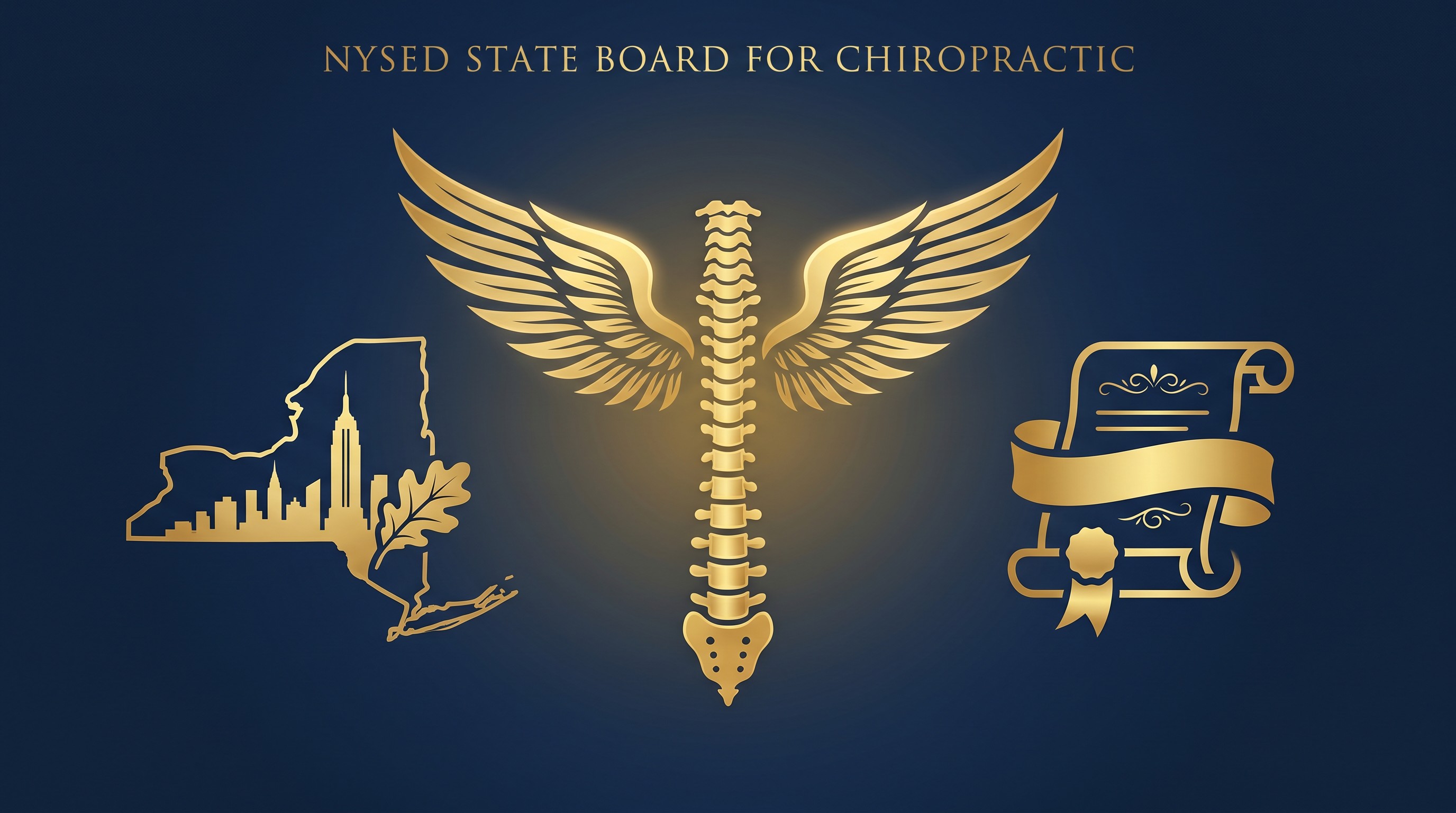 New York State Board for Chiropractic continuing education hero graphic — gold winged spine insignia with New York state silhouette featuring Long Island, Empire State Building skyline, and oak leaf accent against deep navy background