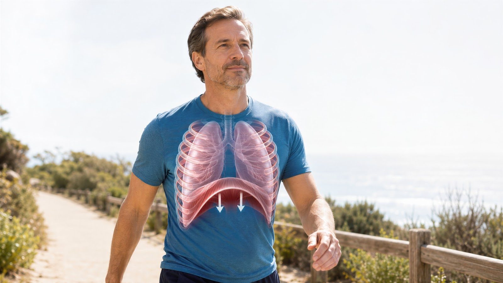 Man in a blue shirt outdoors with an anatomical illustration of the lungs and bronchial tree overlaid on his chest