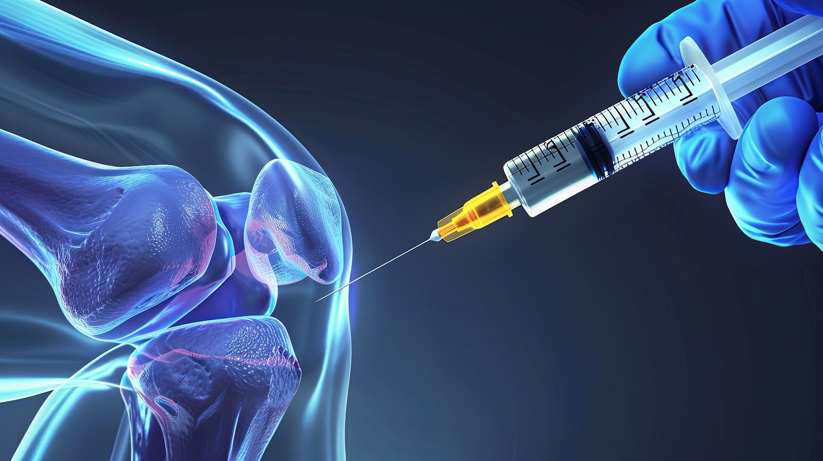 Three-dimensional medical illustration of a knee joint glowing blue, with a gloved clinician hand delivering an intra-articular injection into the joint line